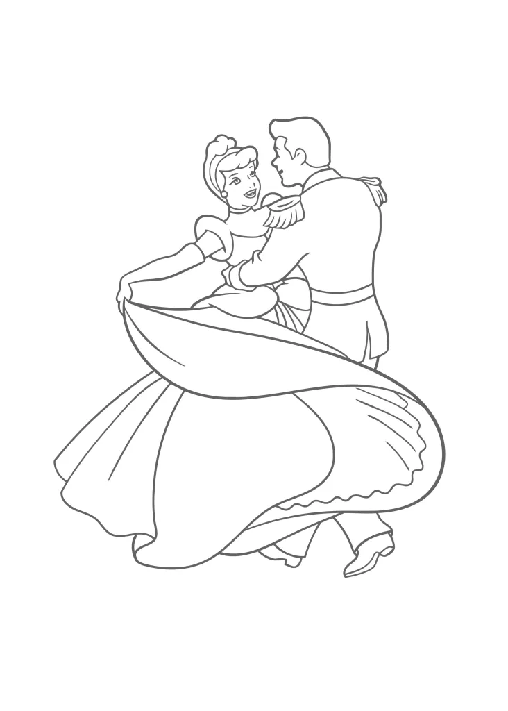 Gambar Mewarnai Cinderella Berdansa dengan Pangeran