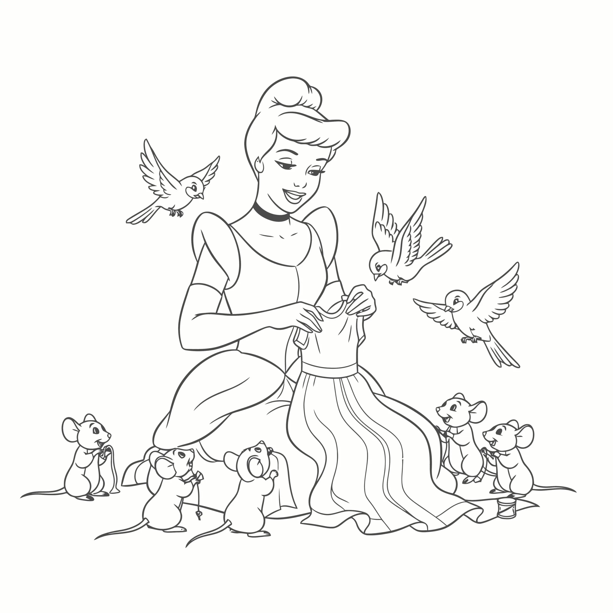 Gambar Mewarnai Cinderella dan Hewan Hewan