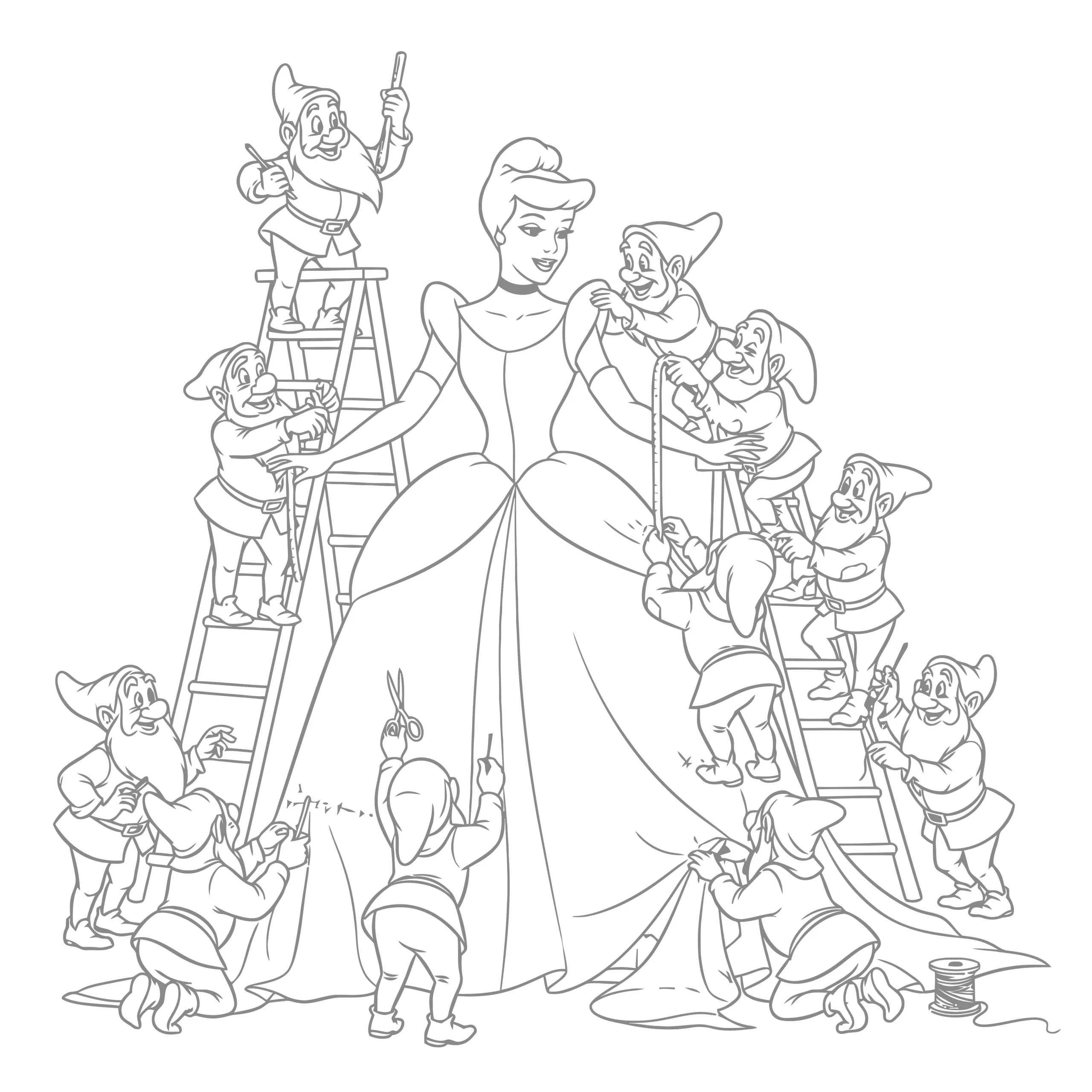 Gambar Mewarnai Cinderella dan Kurcaci