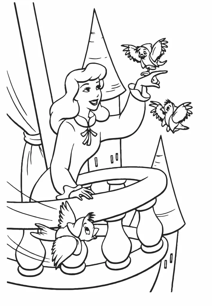 Gambar Mewarnai Cinderella dengan Burung Burung