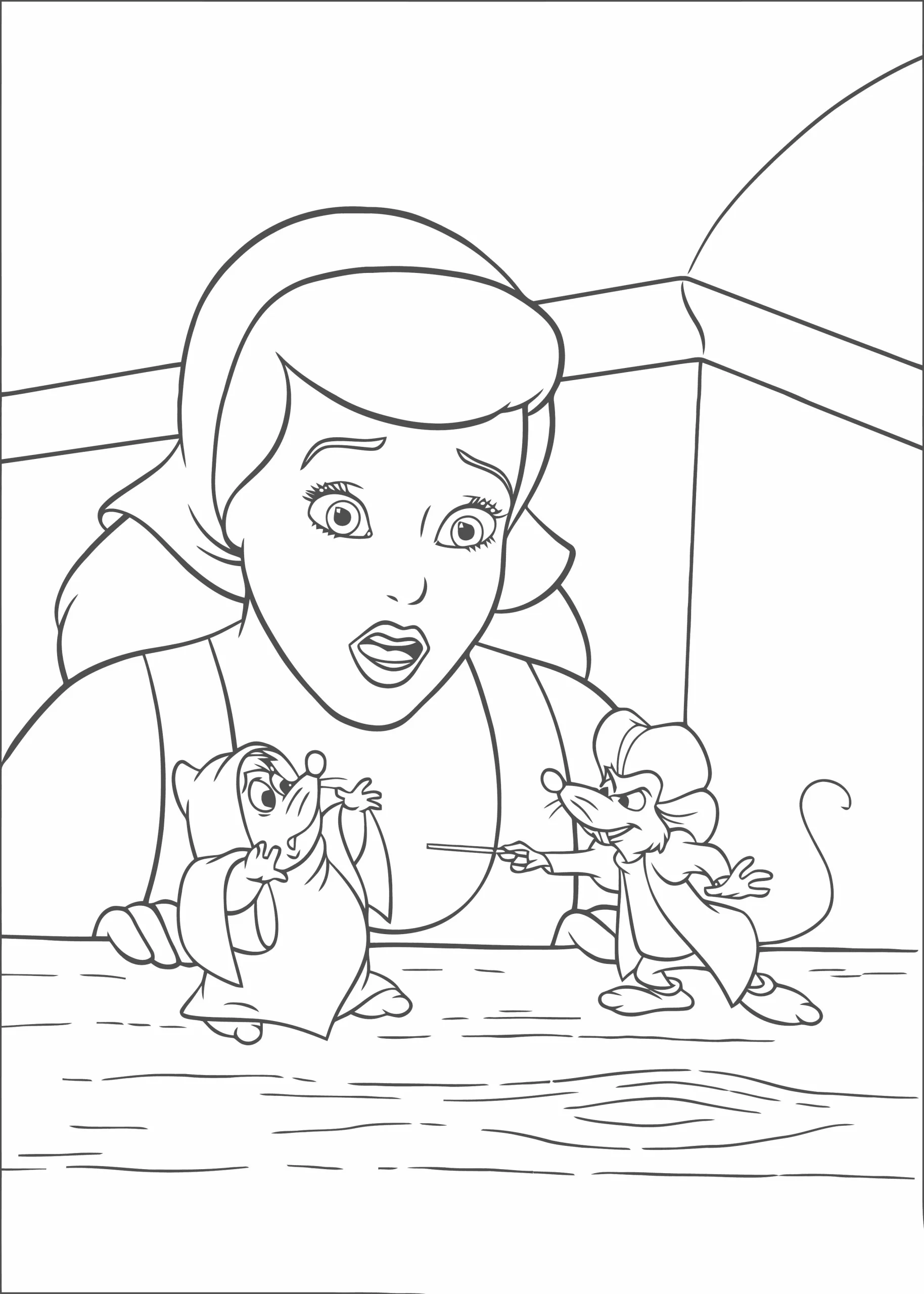 Gambar Mewarnai Cinderella melihat Jaq dan Gus