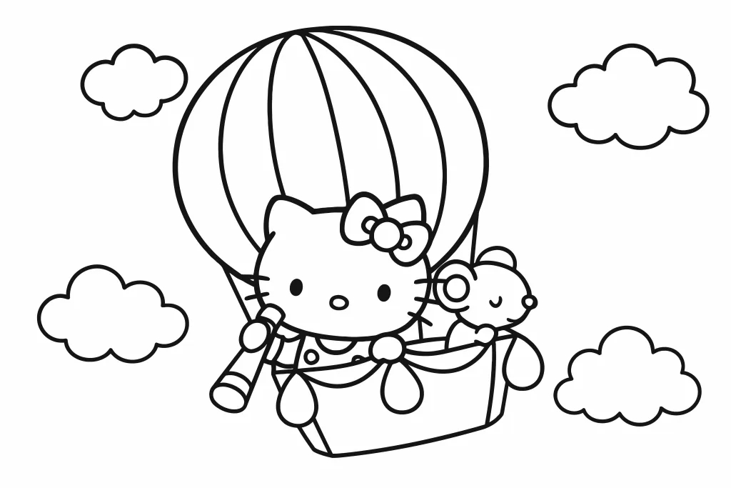Gambar Mewarnai Hello Kitty Naik Balon Udara