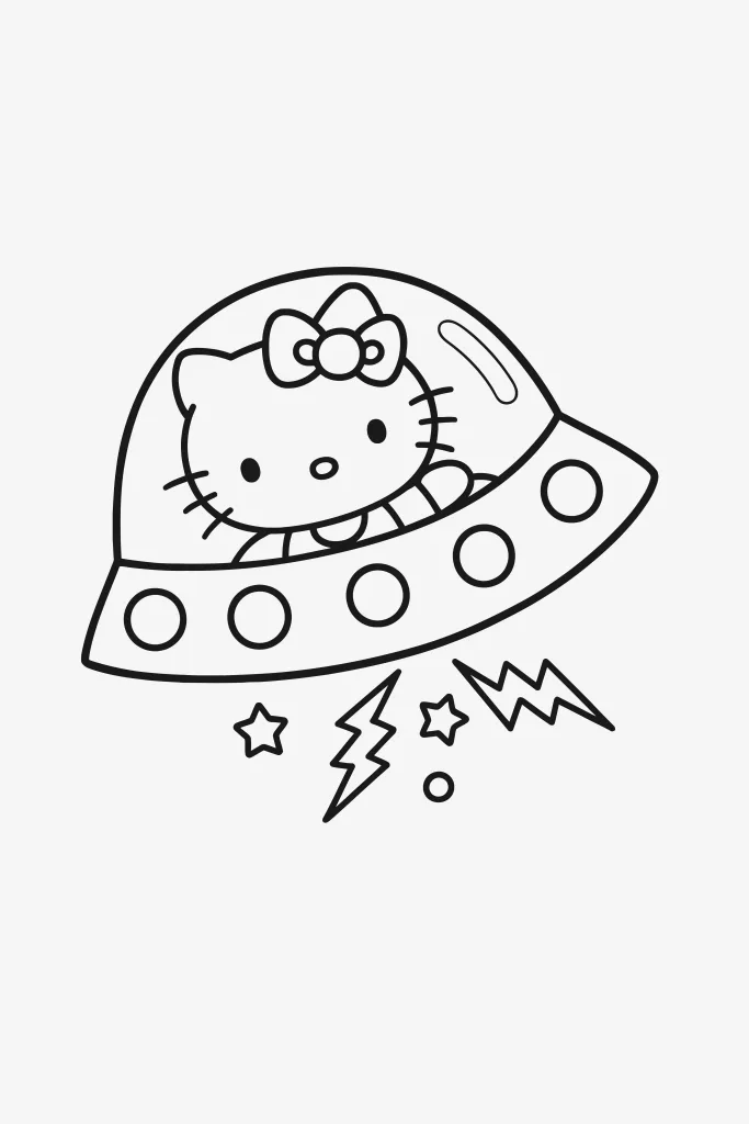 Gambar Mewarnai Hello Kitty Naik Ufo