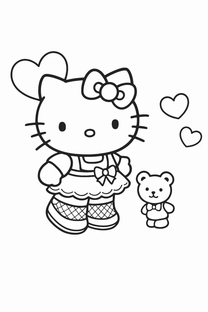 Gambar Mewarnai Hello Kitty dan Boneka Beruang