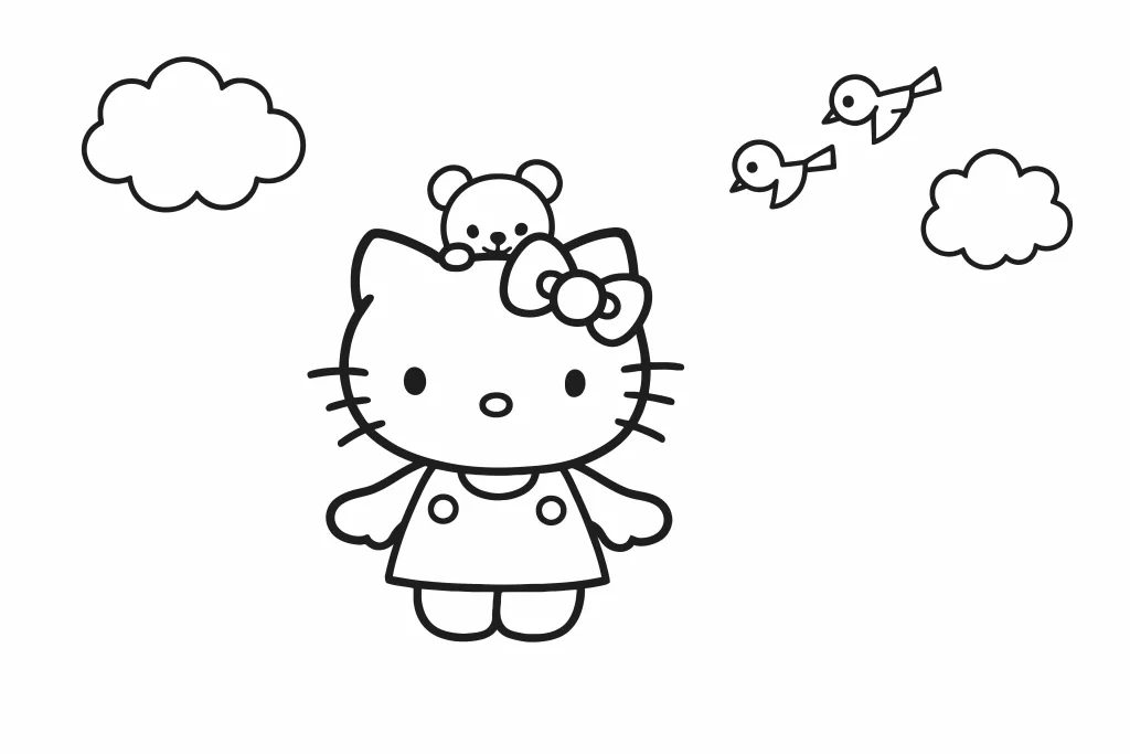 Gambar Mewarnai Hello Kitty dan Burung