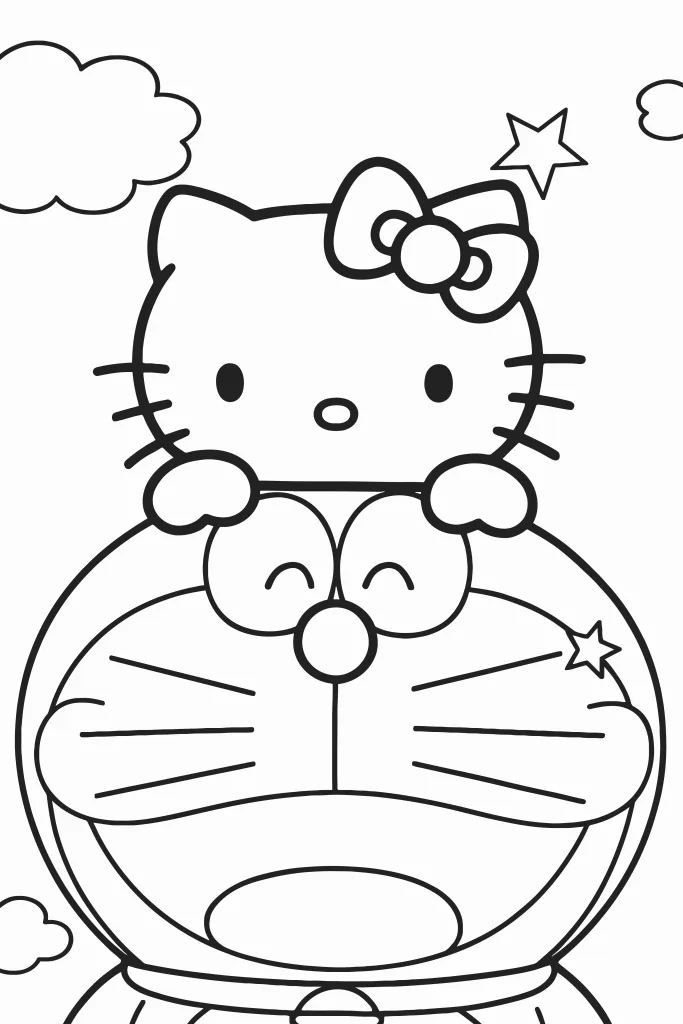Gambar Mewarnai Hello Kitty dan Doraemon