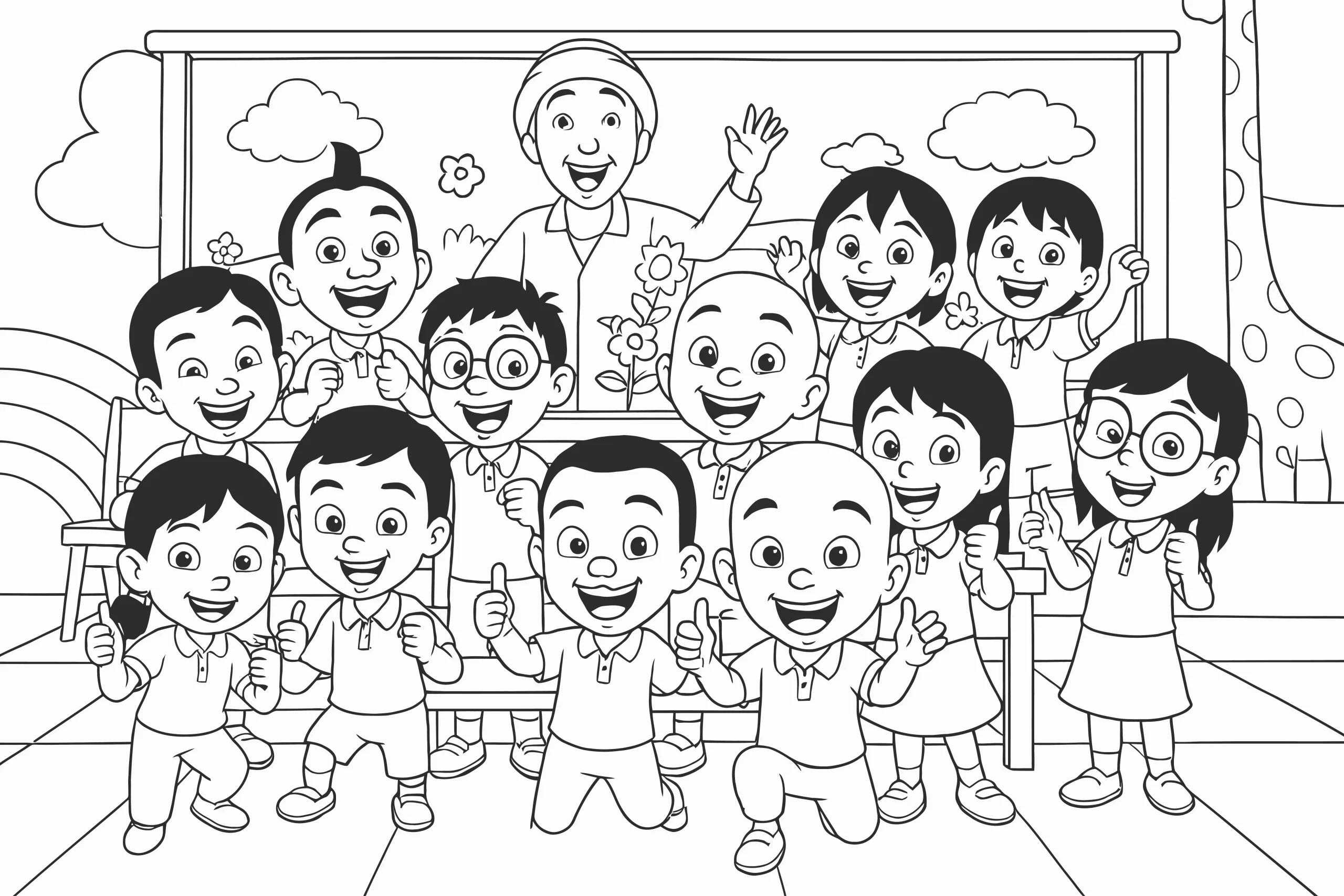 Gambar Mewarnai Upin Ipin dan Sahabat di Sekolah