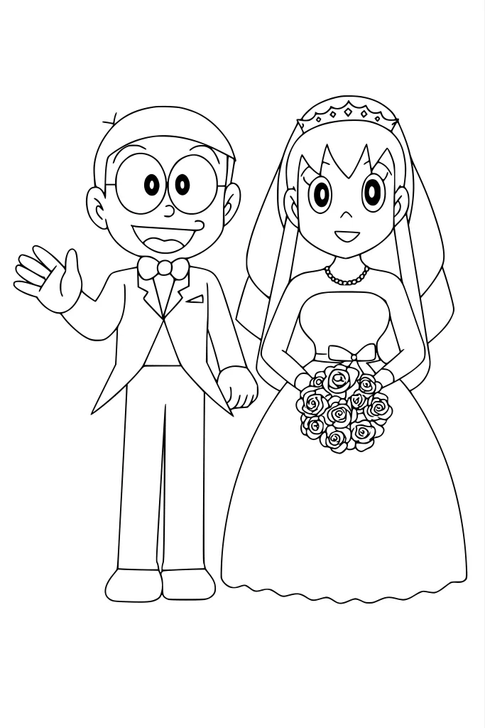 Gambar Mewarnai Nobita dan Shizuka Menikah