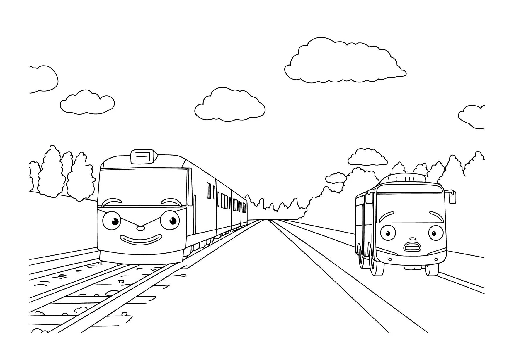 Gambar Mewarnai Pertemuan Bus dan Kereta
