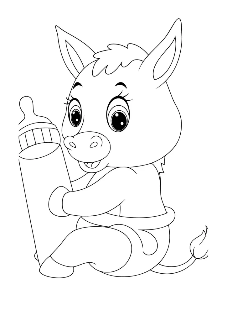 Gambar Mewarnai Bayi Keledai dan Botol Susu