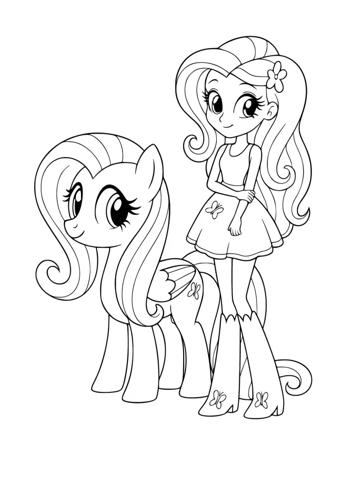 Gambar Mewarnai Fluttershy Versi Poni dan Manusia