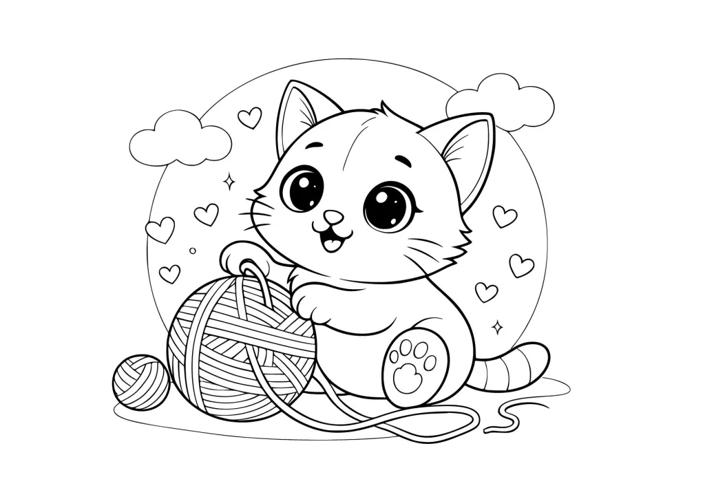 Gambar Mewarnai Kucing Bermain Benang Wol