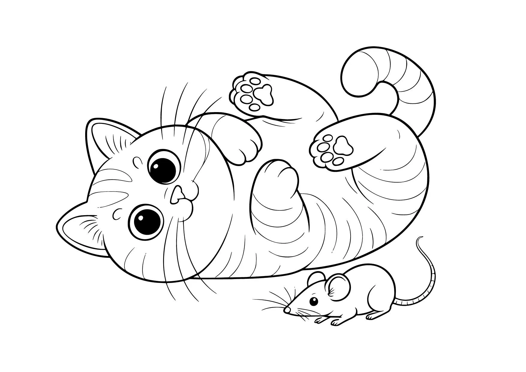 Gambar Mewarnai Kucing Bermain dengan Tikus