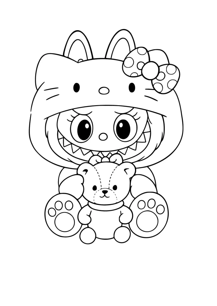 Gambar Mewarnai Labubu Kostum Hello Kitty