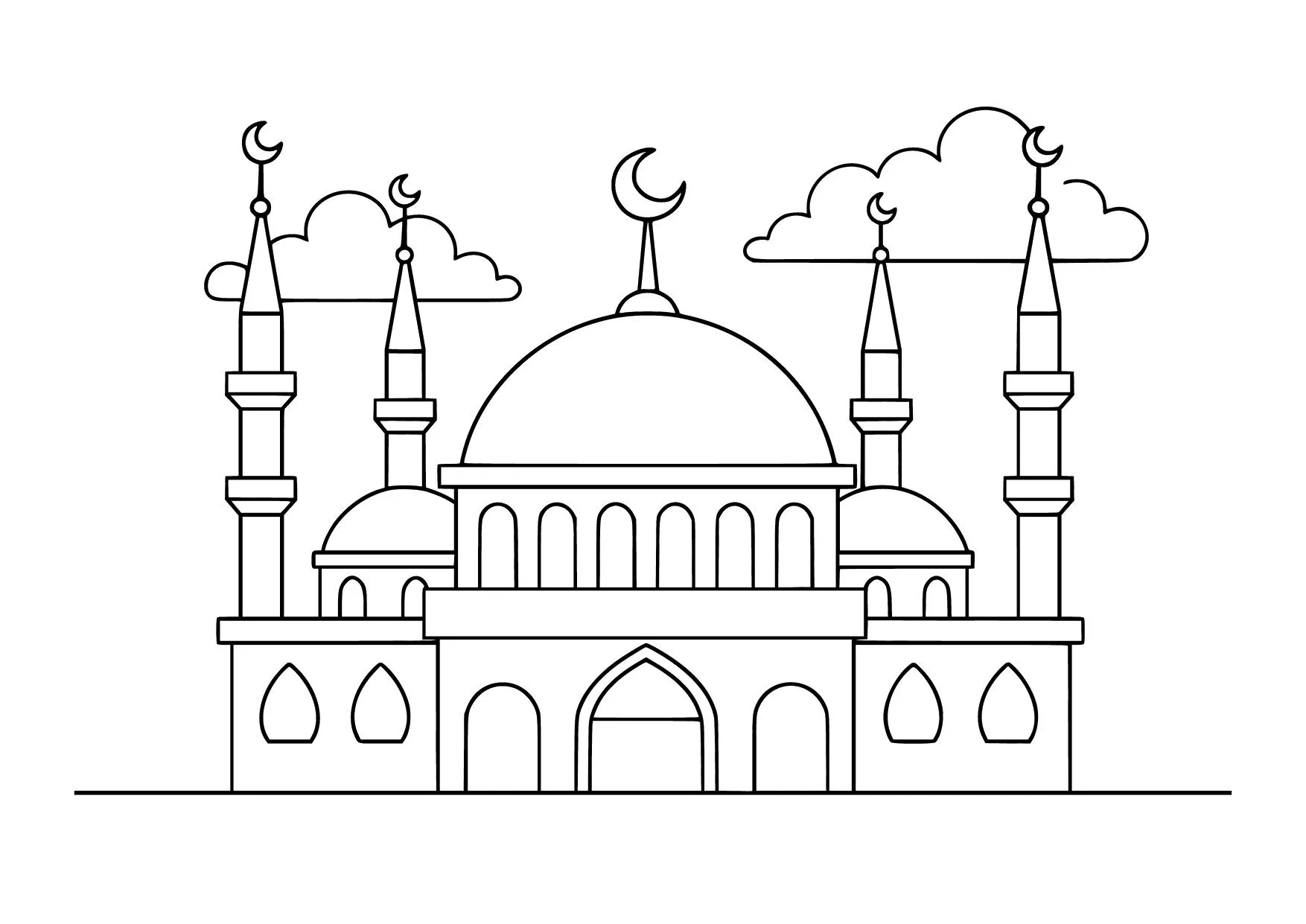 Gambar Mewarnai Masjid Agung dan Pemandangan Awan