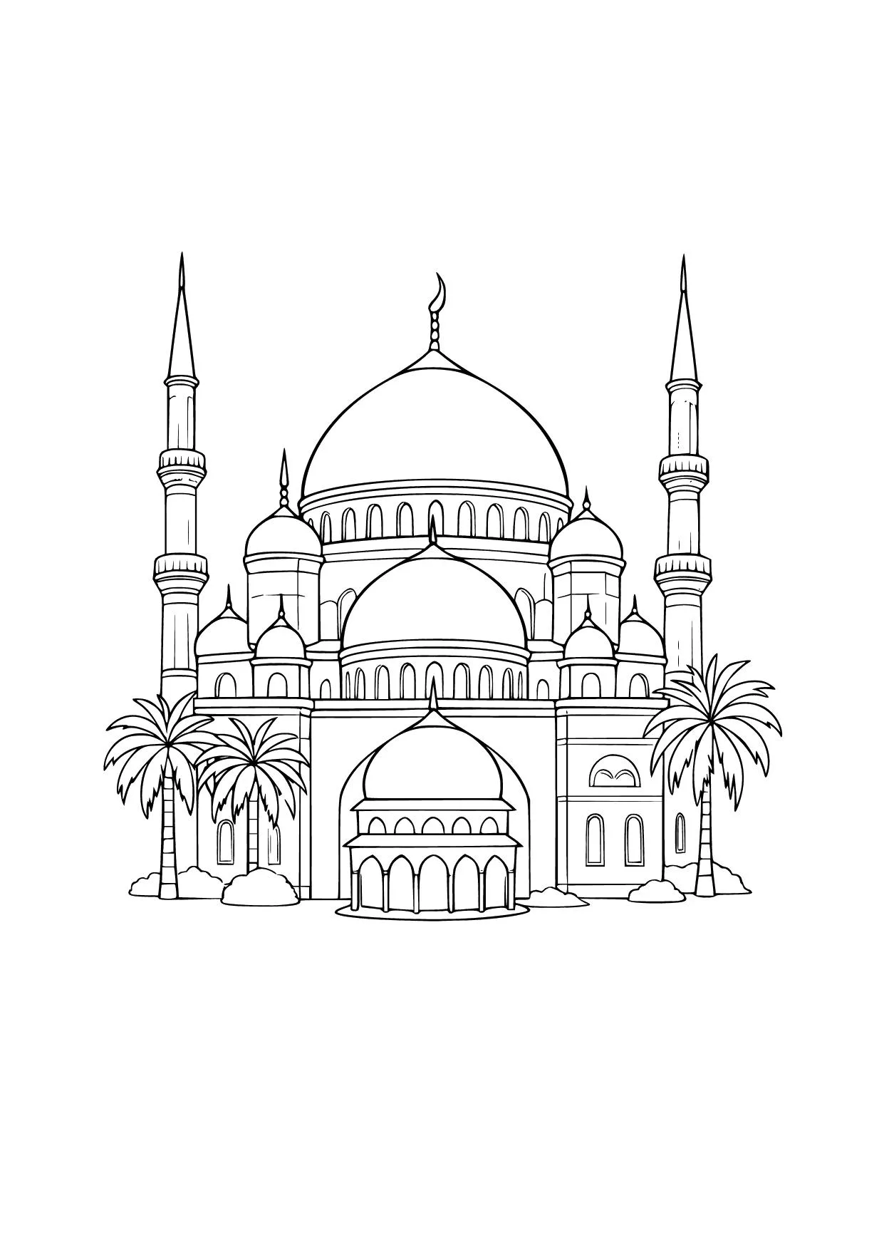 Gambar Mewarnai Masjid Megah dan Pohon Palem
