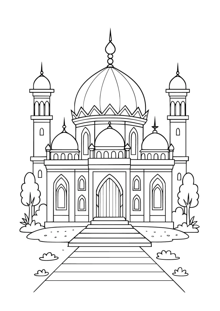 Gambar Mewarnai Masjid Megah di Siang Hari