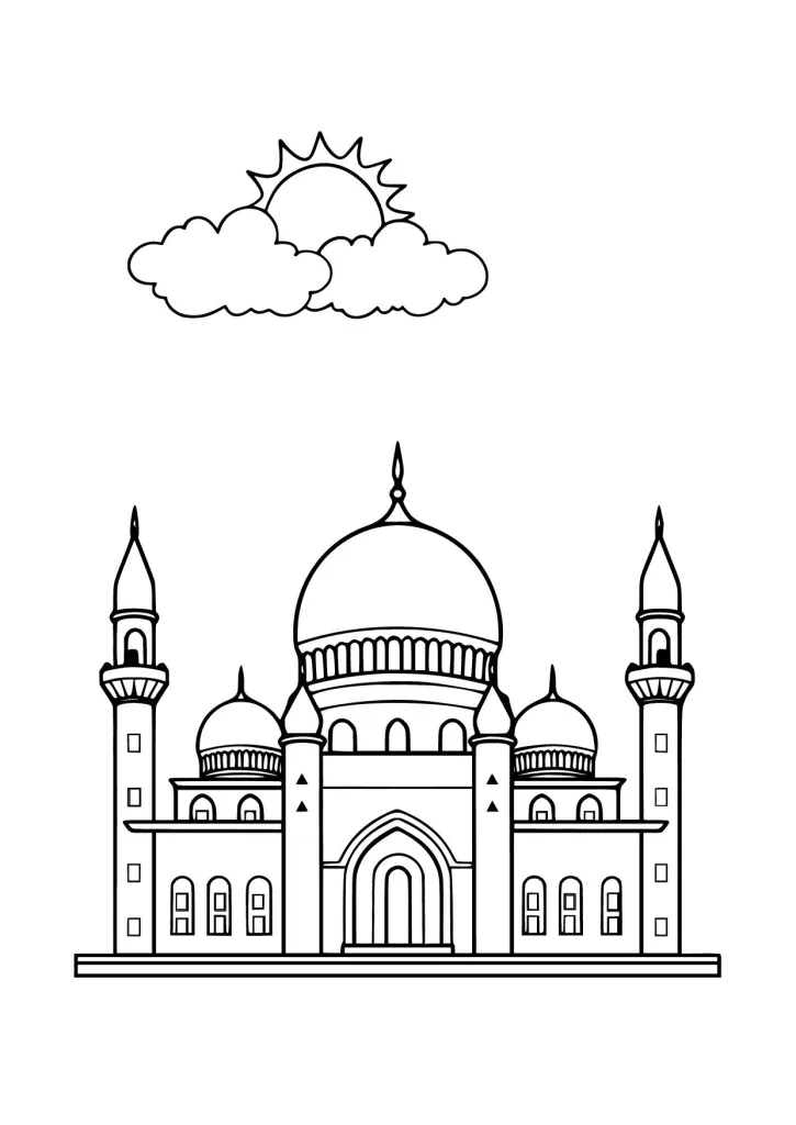 Gambar Mewarnai Masjid dan Pemandangan Siang Hari