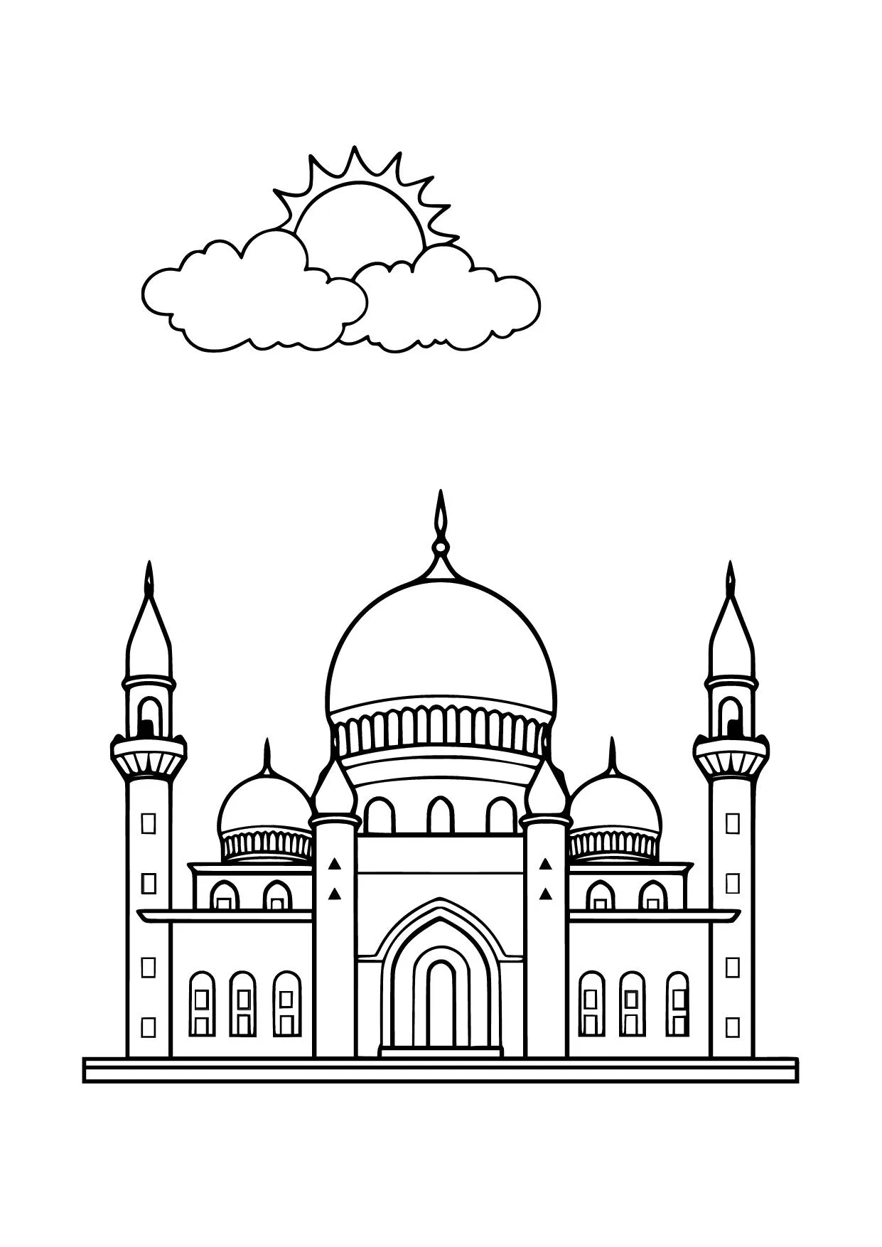 Gambar Mewarnai Masjid dan Pemandangan Siang Hari