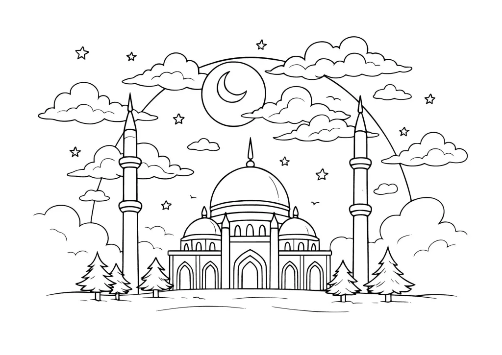 Gambar Mewarnai Masjid di Malam Hari Berbintang