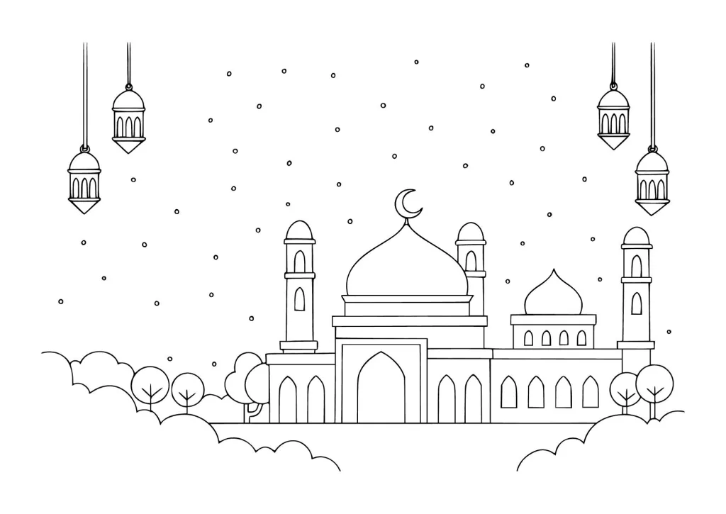 Gambar Mewarnai Masjid di Tengah Malam