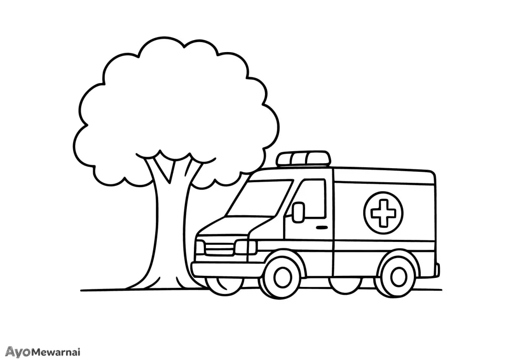 Gambar Mewarnai Ambulan di Bawah Pohon