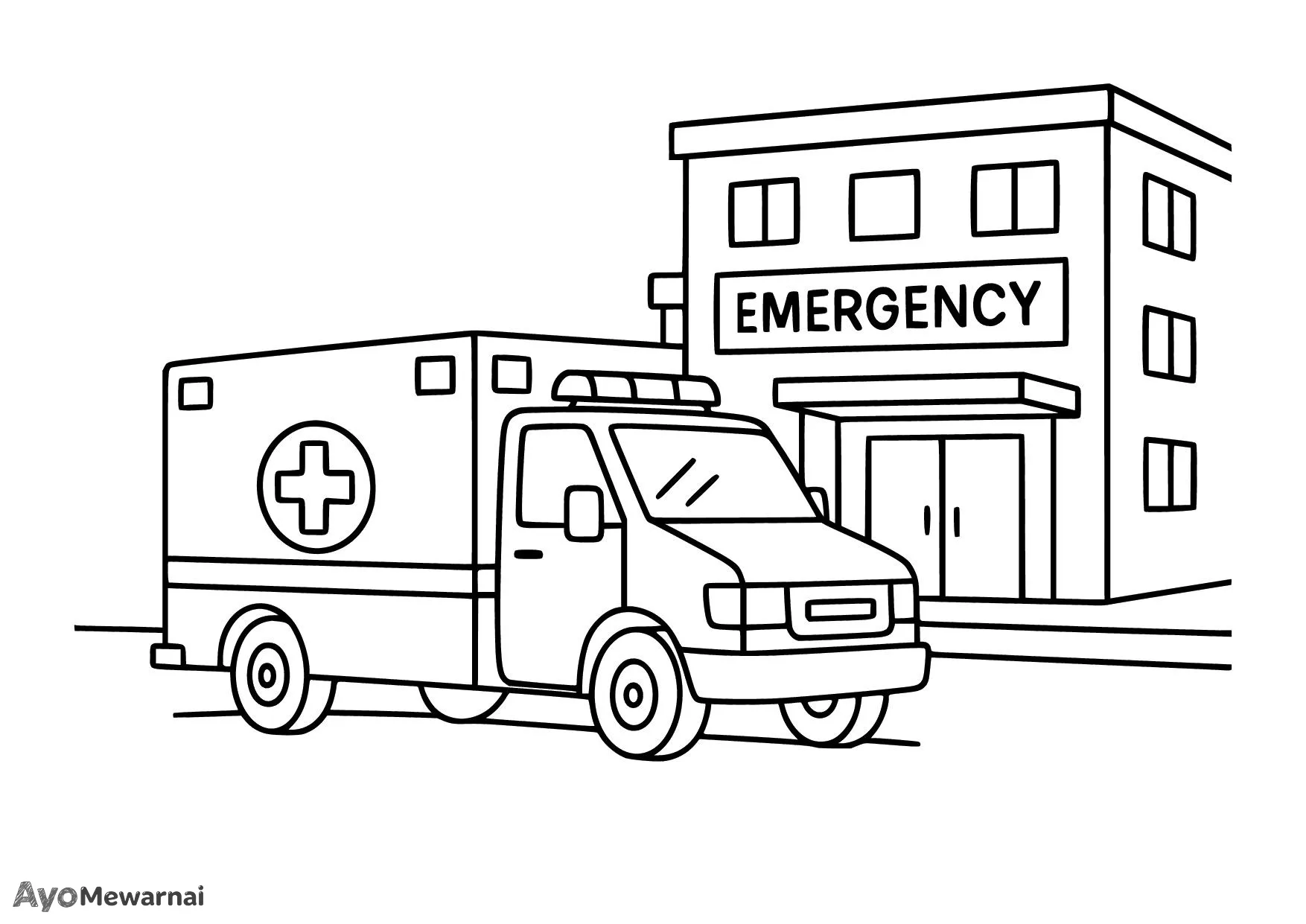 Gambar Mewarnai Ambulan di Depan Rumah Sakit