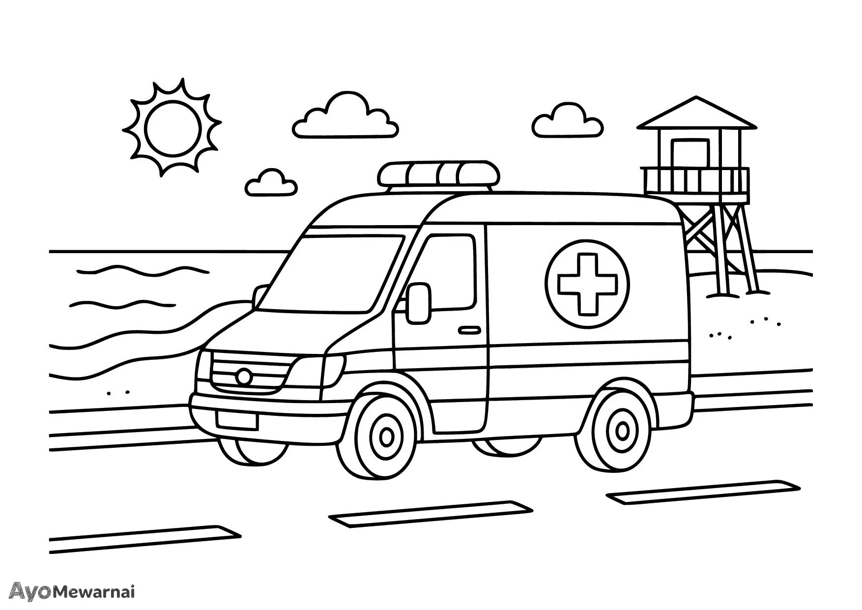 Gambar Mewarnai Ambulan di Pantai