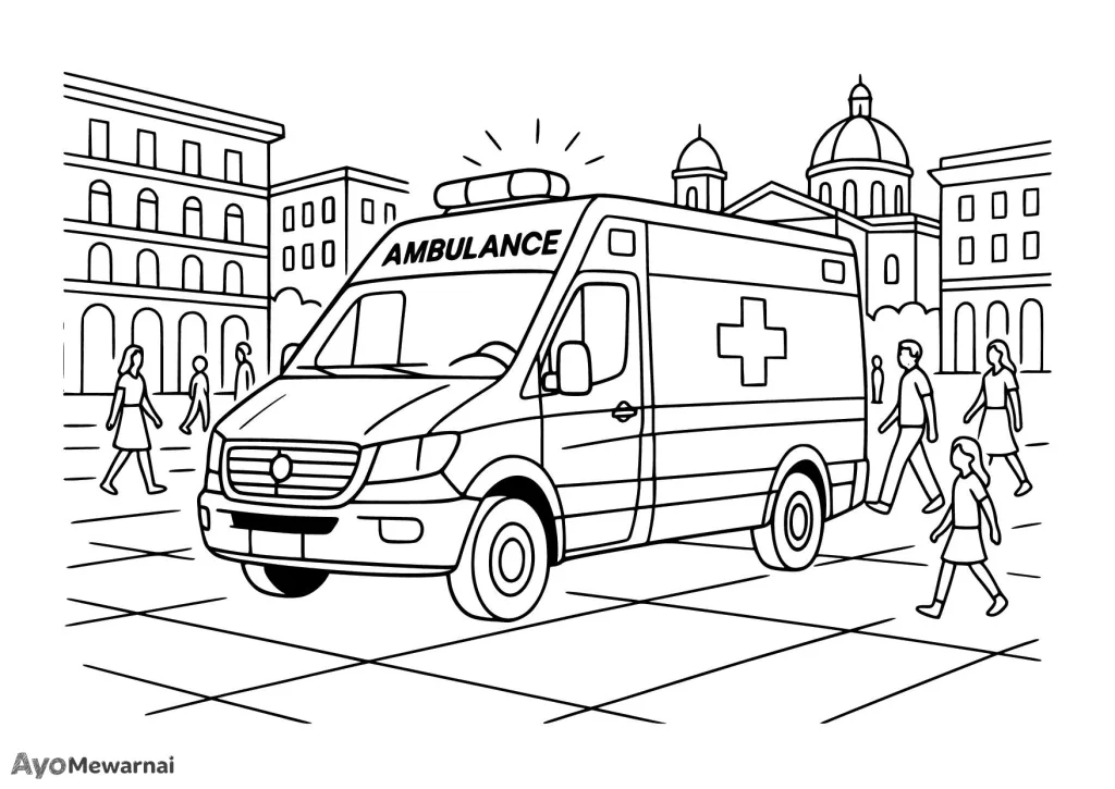 Gambar Mewarnai Ambulan di Tempat Umum