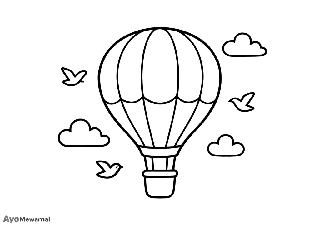 Gambar Mewarnai Balon Udara dan Burung