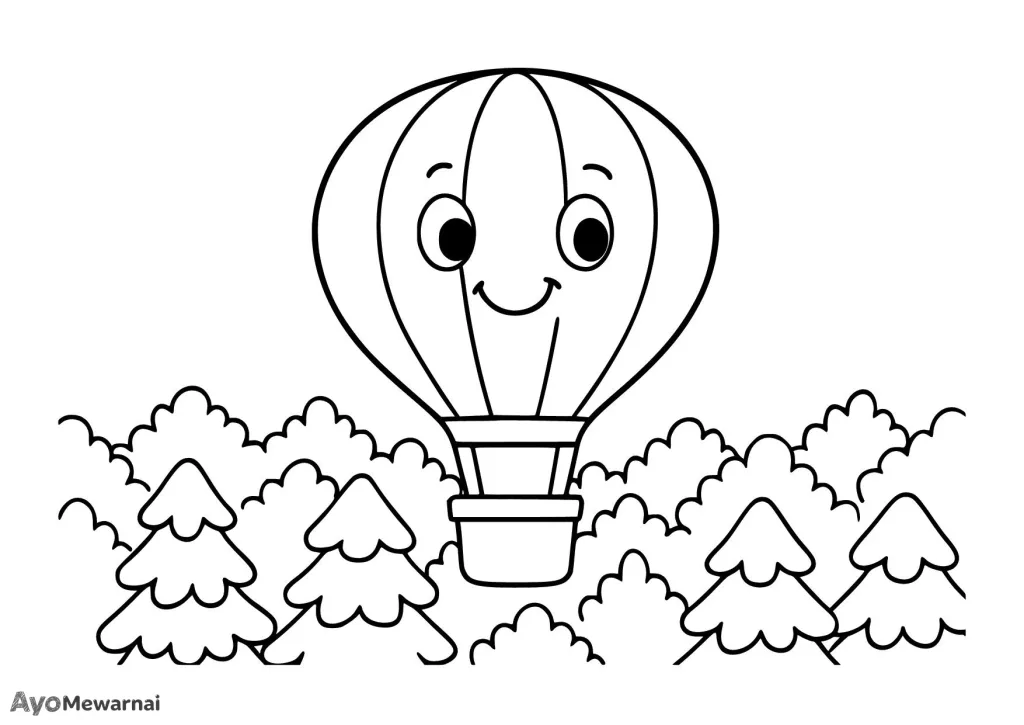 Gambar Mewarnai Balon Udara dan Hutan