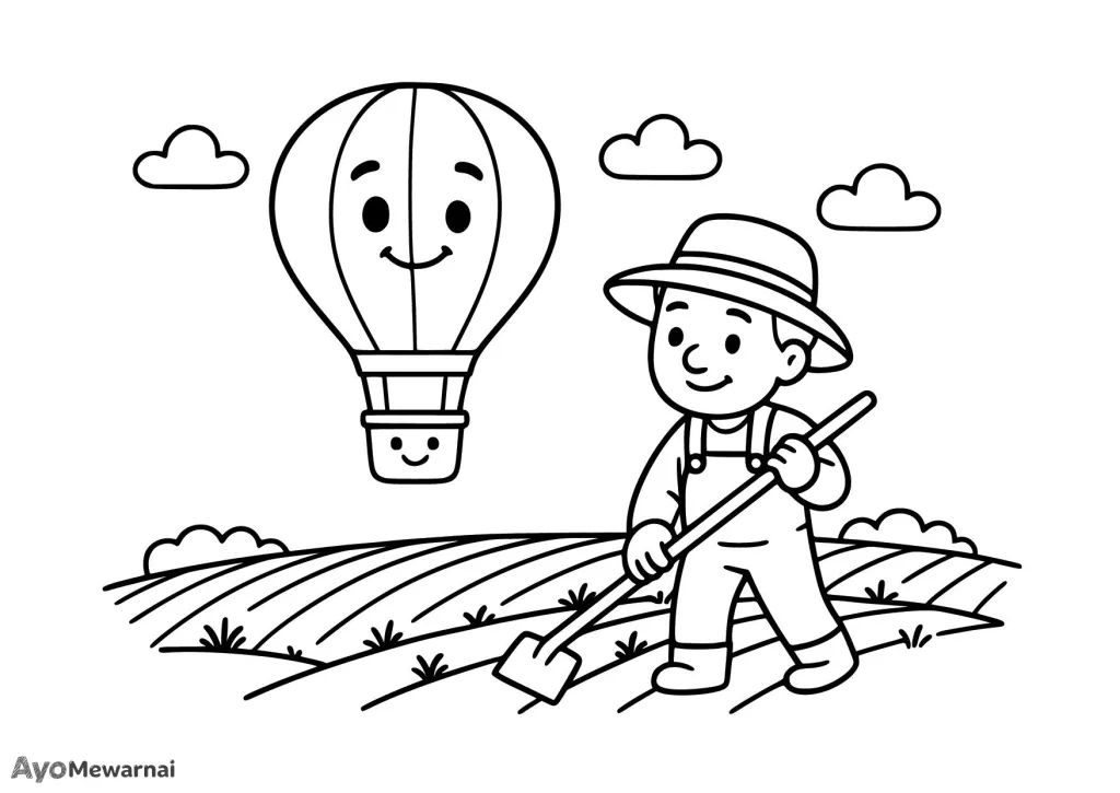 Gambar Mewarnai Balon Udara dan Petani