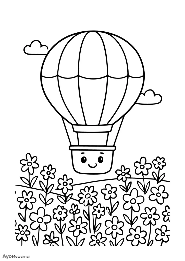 Gambar Mewarnai Balon Udara di Ladang Bunga