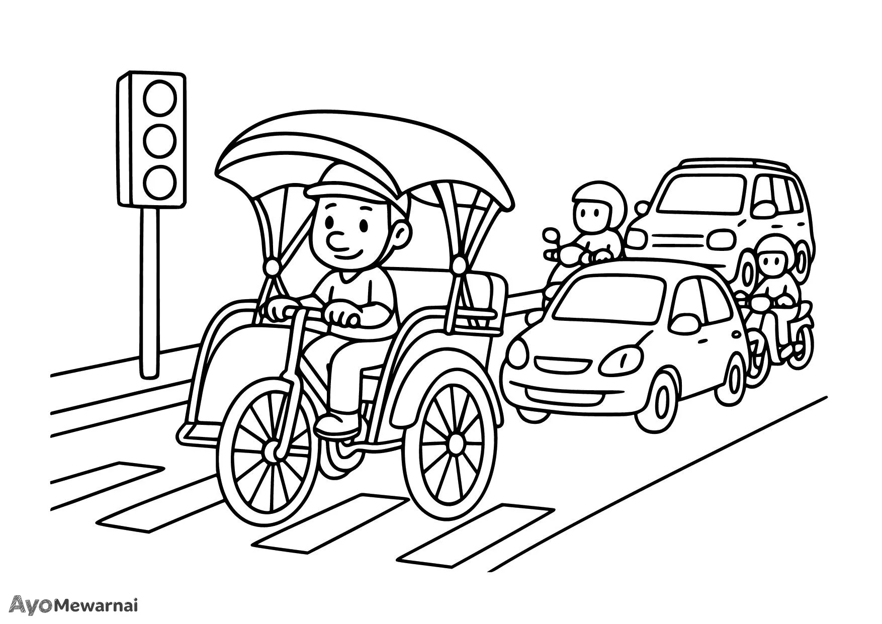 Gambar Mewarnai Becak Berhenti di Lampu Merah