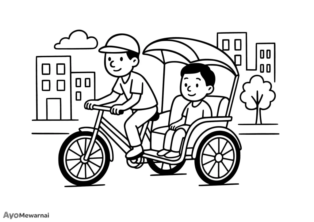 Gambar Mewarnai Becak Mengantar Penumpang