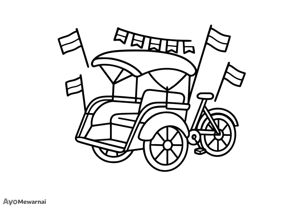 Gambar Mewarnai Becak dan Bendera Merah Putih