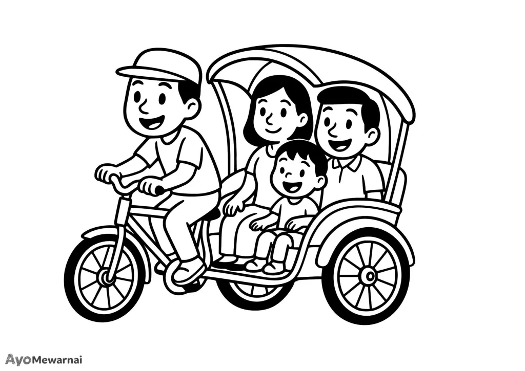 Gambar Mewarnai Becak dan Keluarga