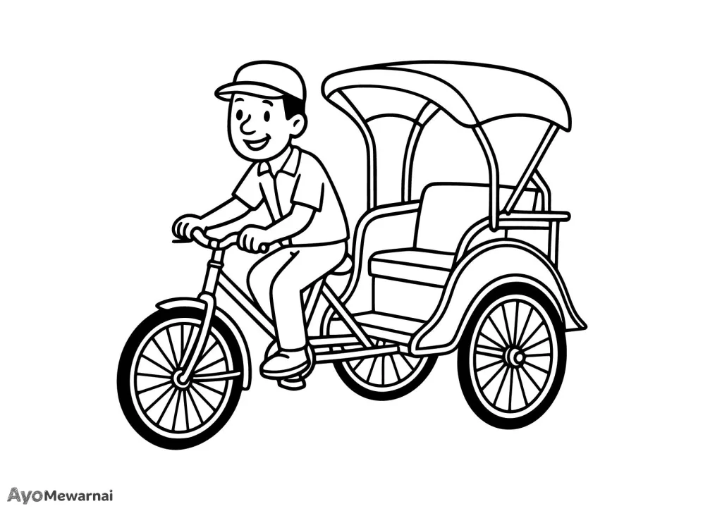 Gambar Mewarnai Becak dan Sopirnya