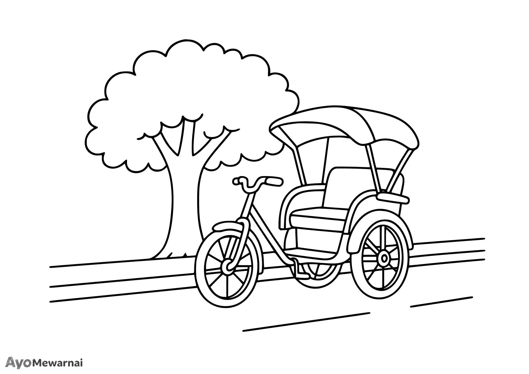 Gambar Mewarnai Becak di Bawah Pohon