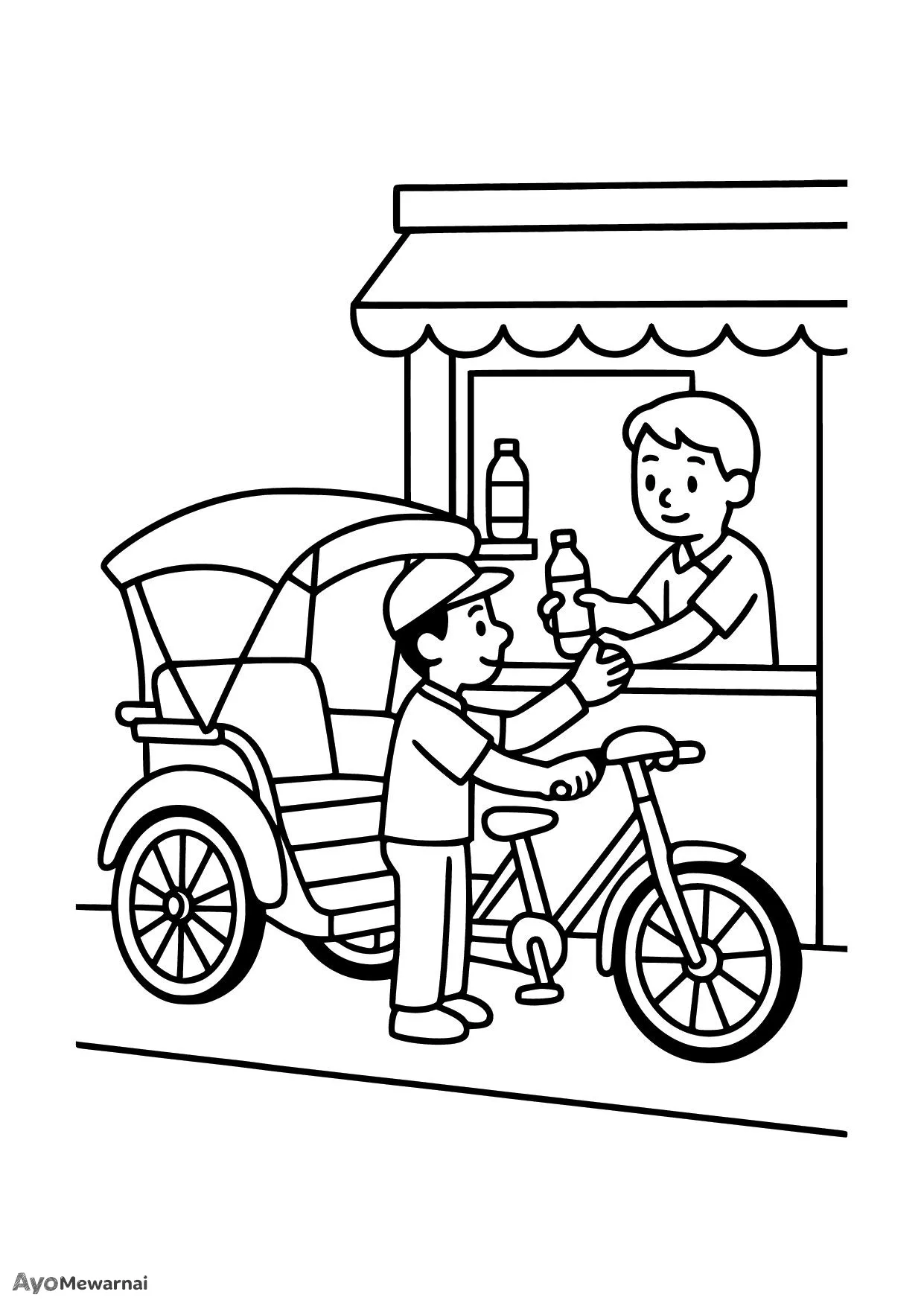 Gambar Mewarnai Becak di Depan Toko