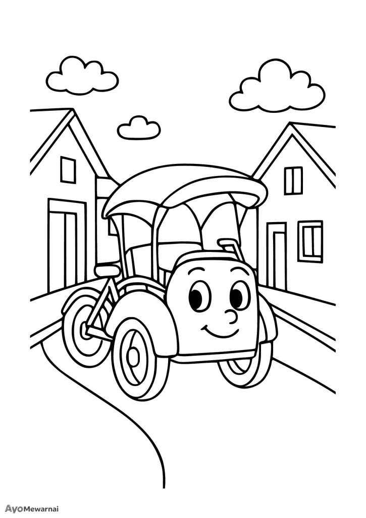 Gambar Mewarnai Becak di Jalan Sempit