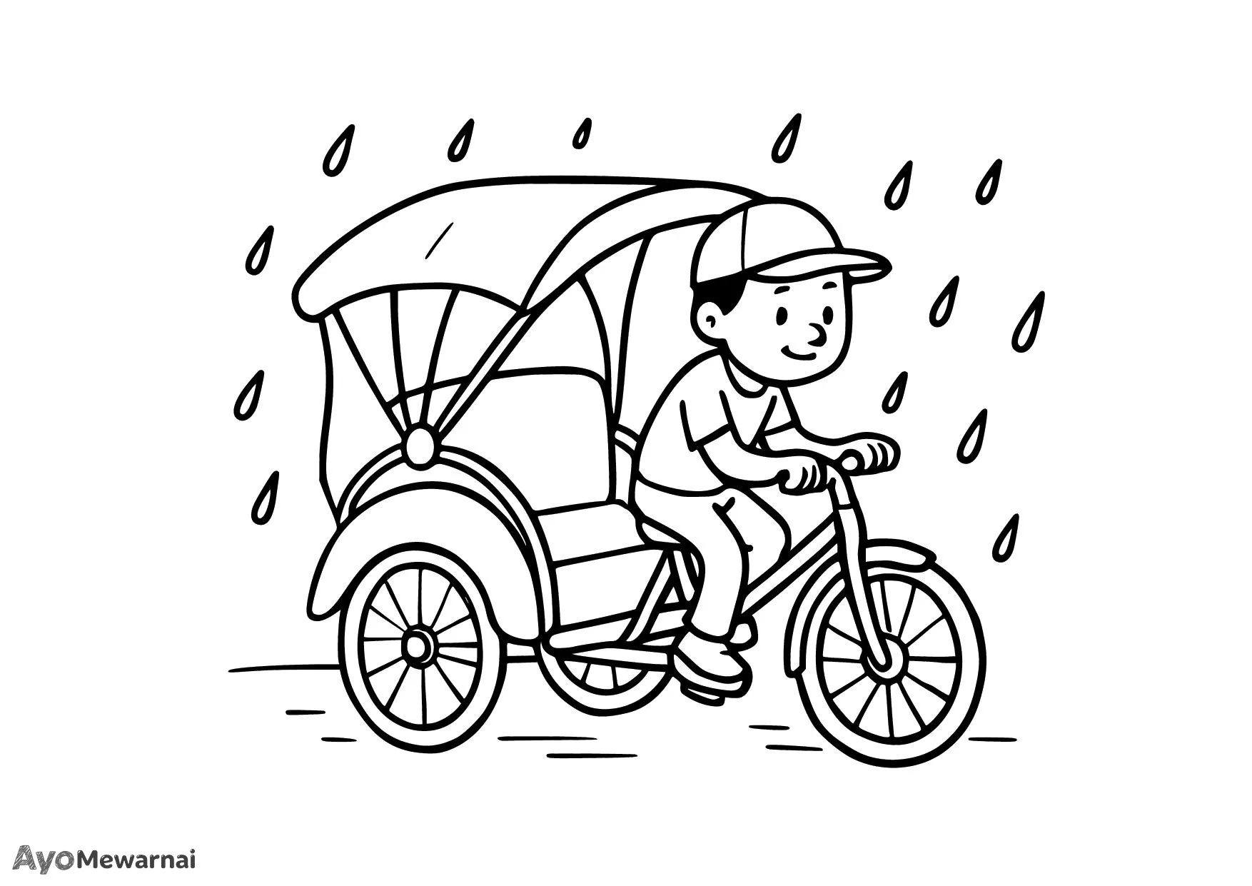 Gambar Mewarnai Becak di Musim Hujan