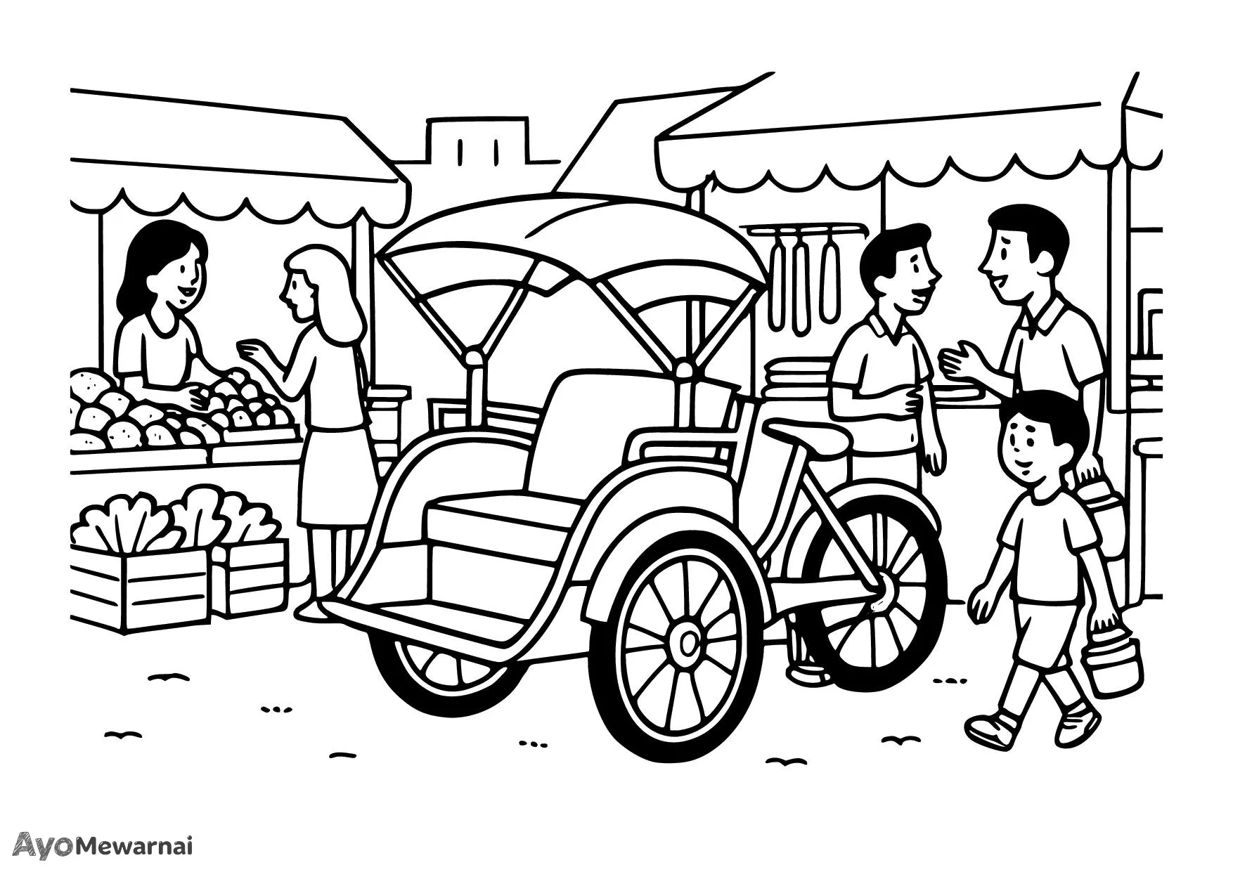 Gambar Mewarnai Becak di Pasar