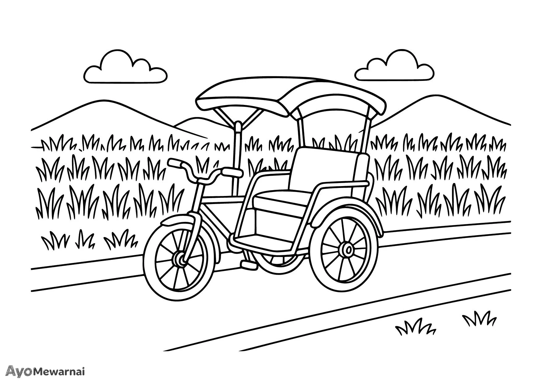 Gambar Mewarnai Becak di Sawah