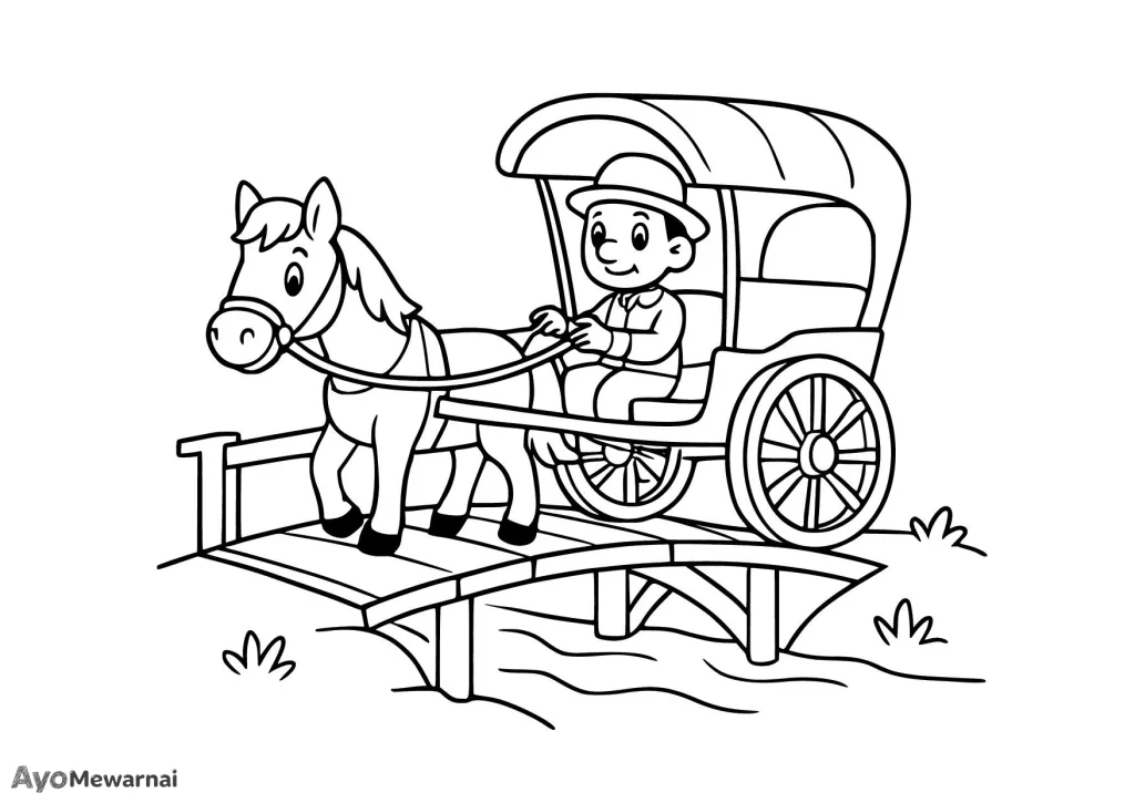 Gambar Mewarnai Delman Menyeberang Jembatan