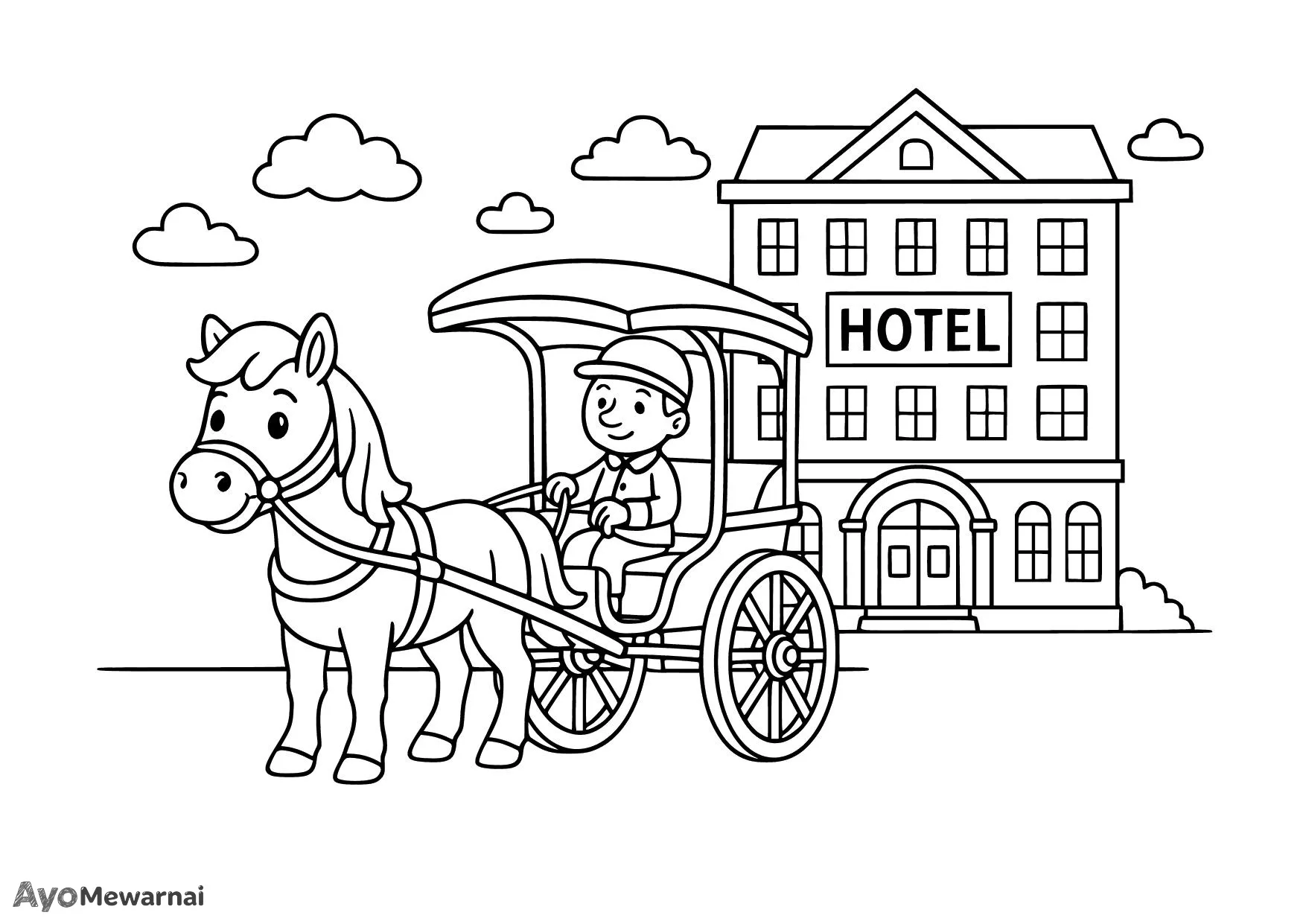 Gambar Mewarnai Delman di Depan Hotel