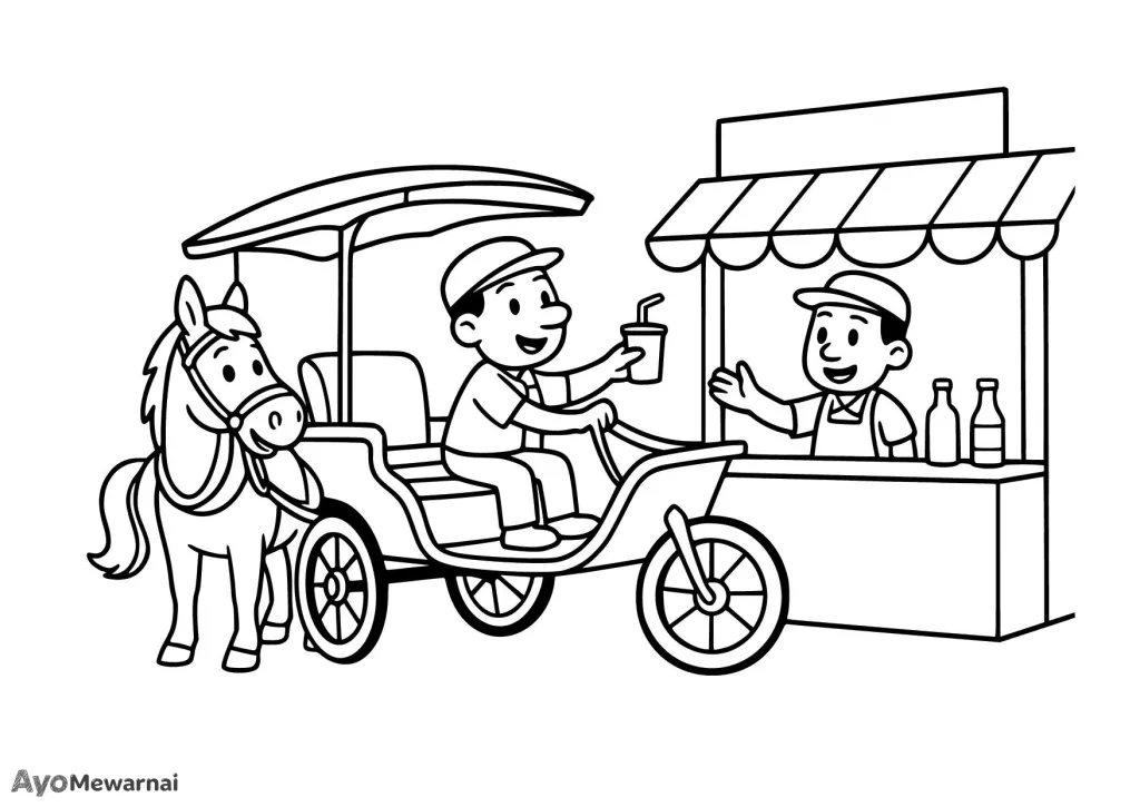 Gambar Mewarnai Delman di Depan Toko