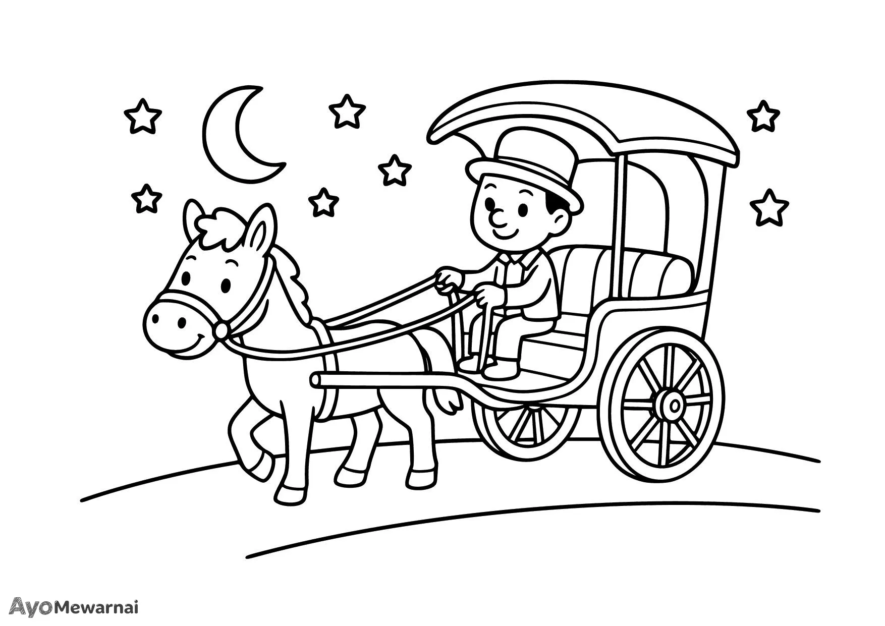 Gambar Mewarnai Delman di Malam Hari yang Cerah