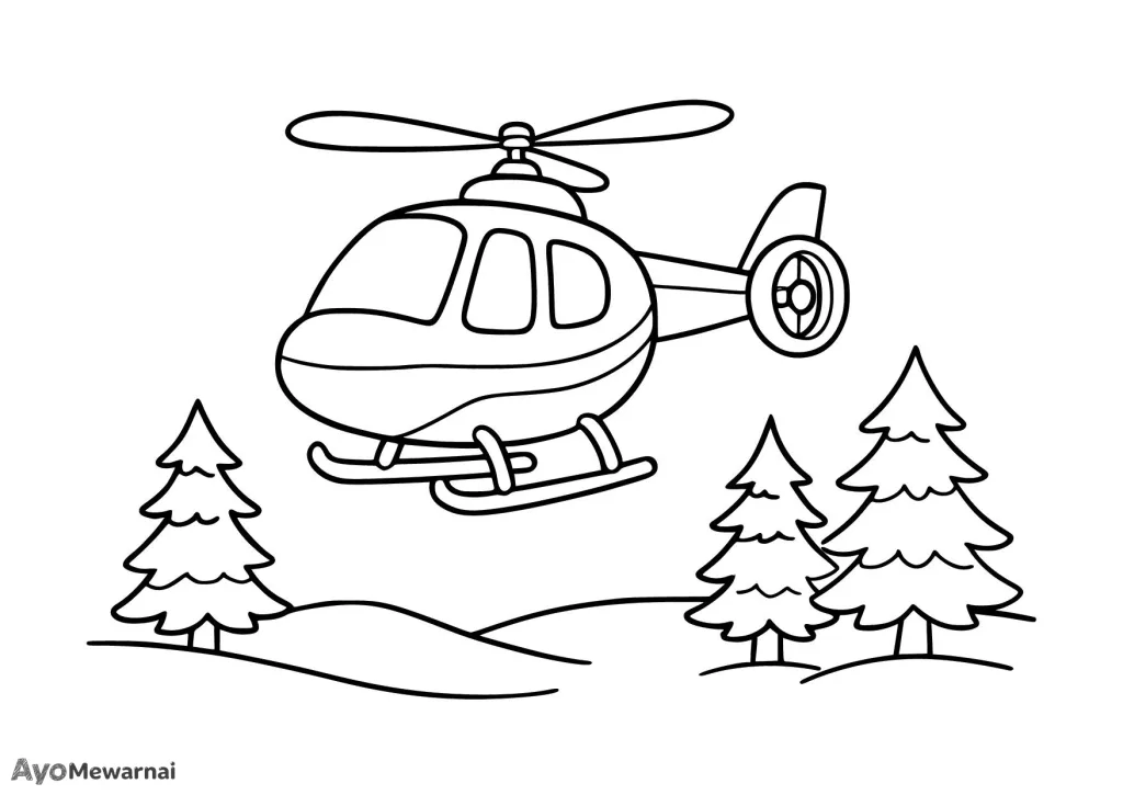 Gambar Mewarnai Helikopter Menjelajahi Salju