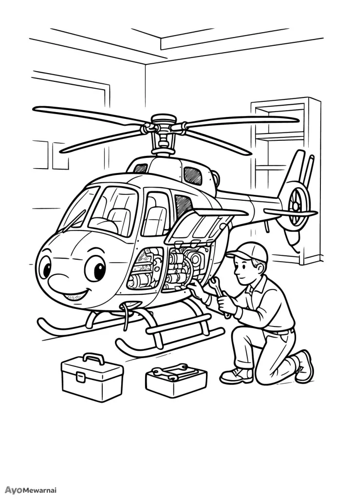 Gambar Mewarnai Helikopter di Bengkel
